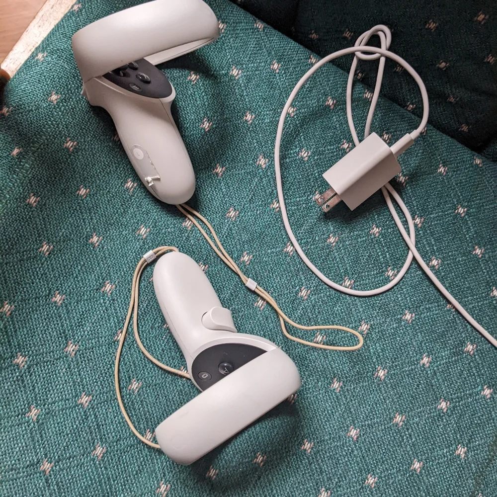 Oculus Quest 2 with added modified headpiece, remotes, and charger